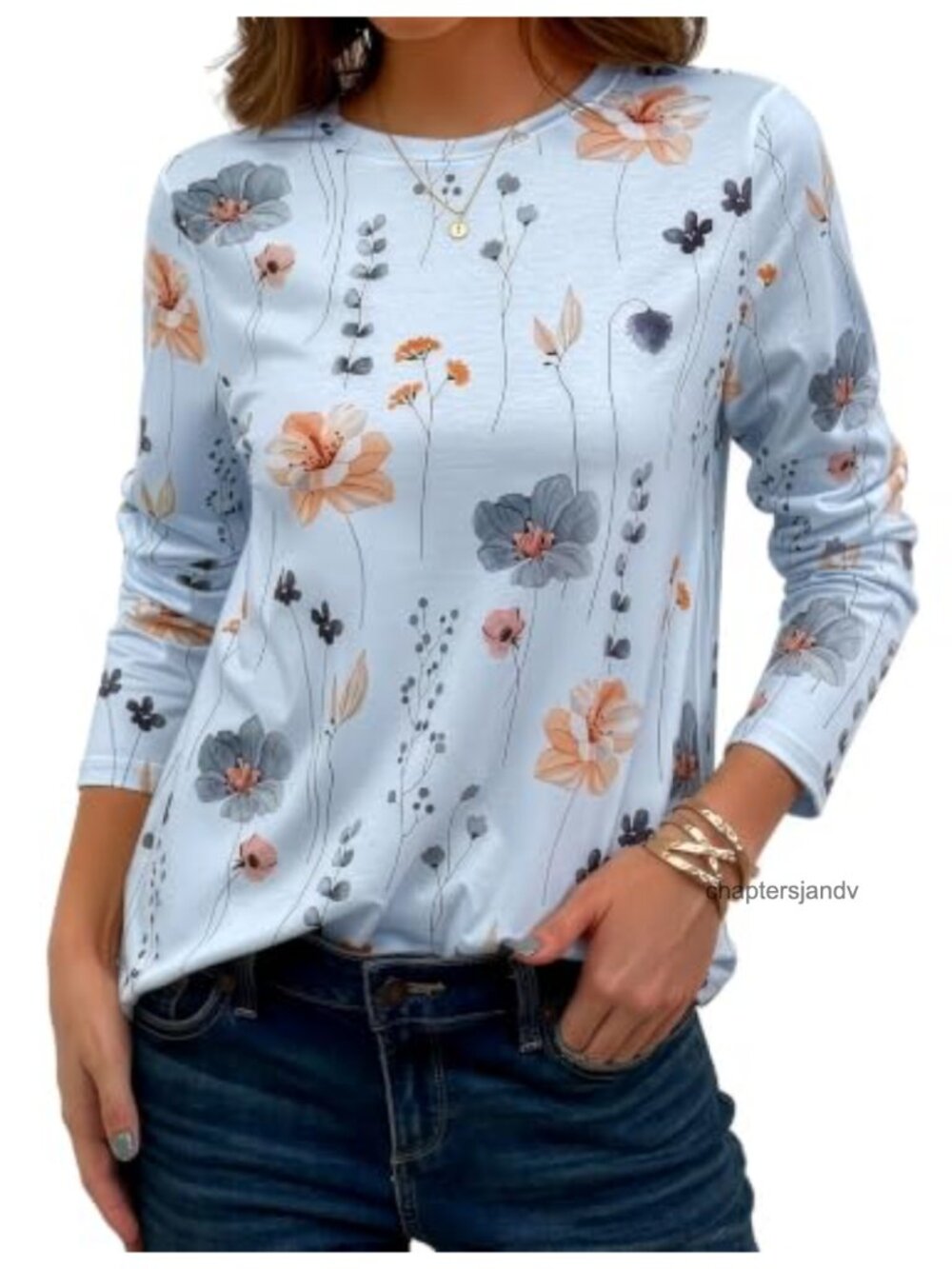 Long Sleeve Floral Print T-Shirt Crewneck Casual Woman Top Stretch